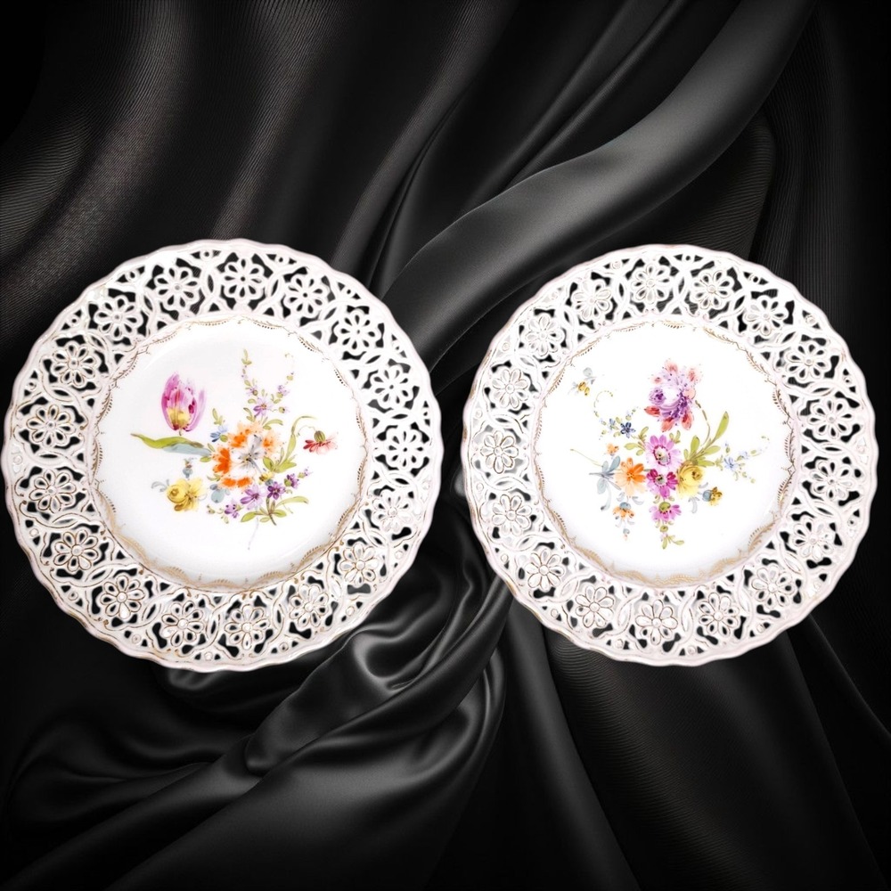 VTG ANTIQUE MEISSEN Dresden RK Reticulated Plate Pair Hand-Painted Floral 7"